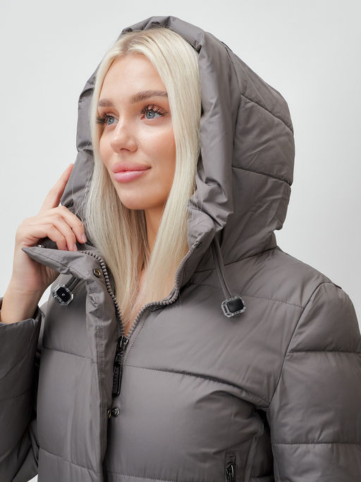 Пальто утепленное стеганное зимнее с капюшоном женское темно-серого цвета 9606TC
