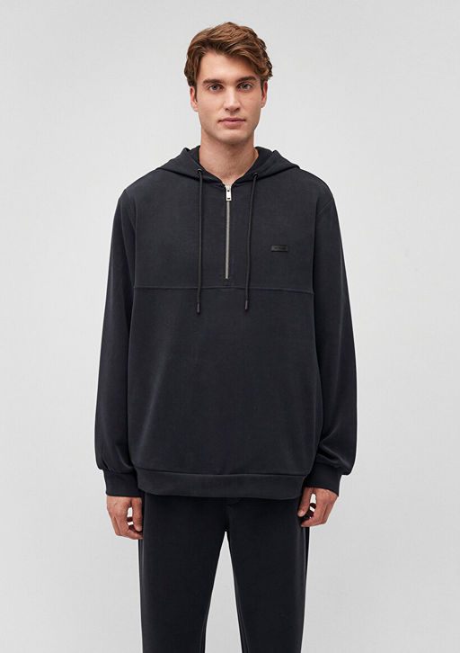 Kapusonlu Siyah Sweatshirt - Mavi фото 3