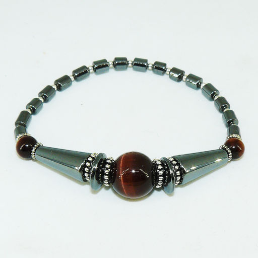 Браслет из бычьего глаза и гематита на резинке 17-18 см