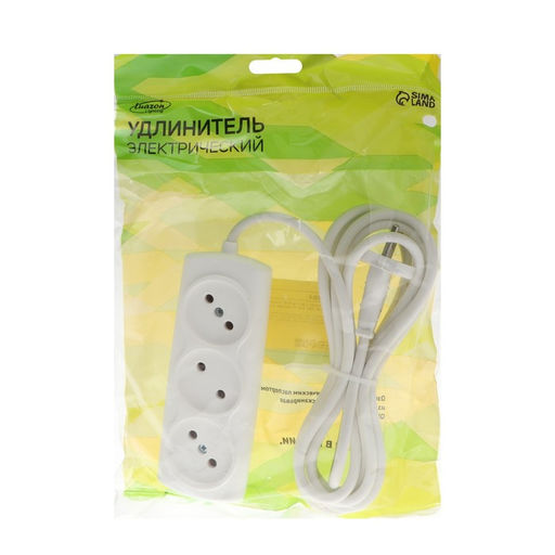 Удлинитель Luazon Lighting ECO, 3 розетки, 2.7 м, 10 А, 2200 Вт, ПВС 2×0.75 мм2, без заземления, белый