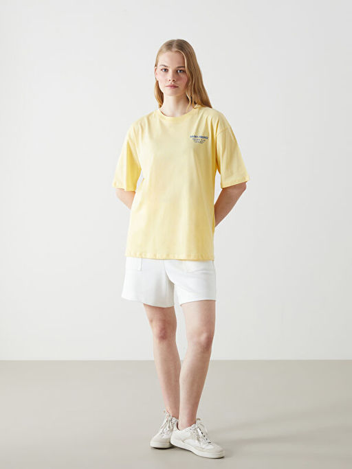 Bisiklet Yaka Bask?l? Oversize Kad?n Ti??rt