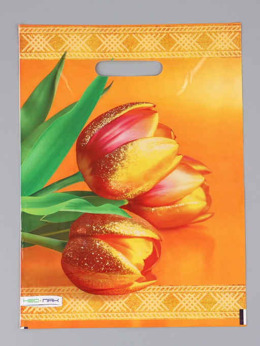 Цена за 25 шт. Пакет "Желтые тюльпаны, полиэтиленовый с вырубной ручкой 30х40 см, 60 мкм