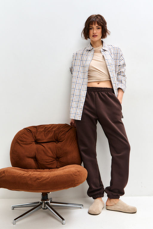 Брюки женские из футера трехнитка с начесом Сова шоколад макси