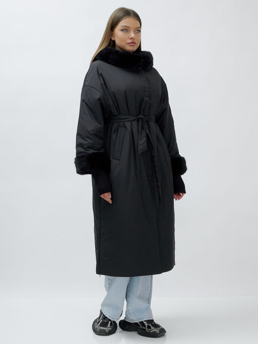 Пальто зимнее женское с норкой большого размера черного цвета 25008Ch - Mtforce фото 21