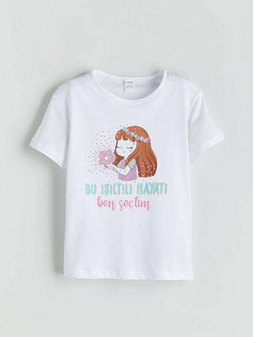 Bisiklet Yaka Bask?l? K?z ?ocuk Ti??rt