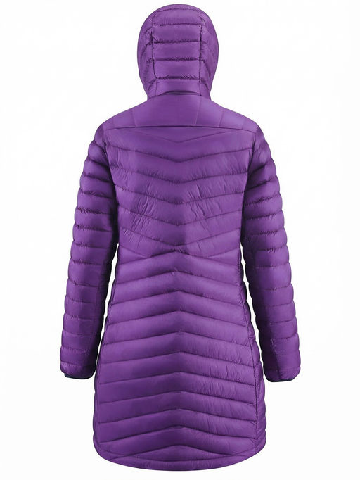 Куртка женская удлинённая стёганая с капюшоном и графеновой подкладкой фиолетового цвета 9628_1F