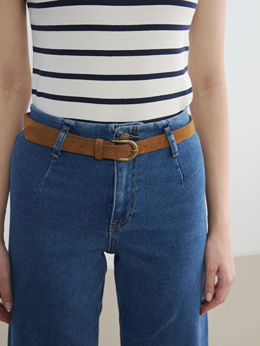 Beli Kemerli Wideleg Kad?n Jean Pantolon