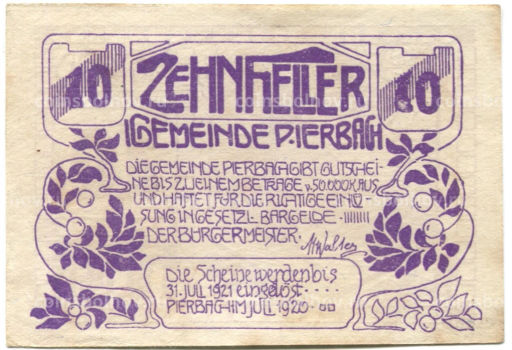 10 геллеров 1920 года Австрия Пирбах (нотгельд)