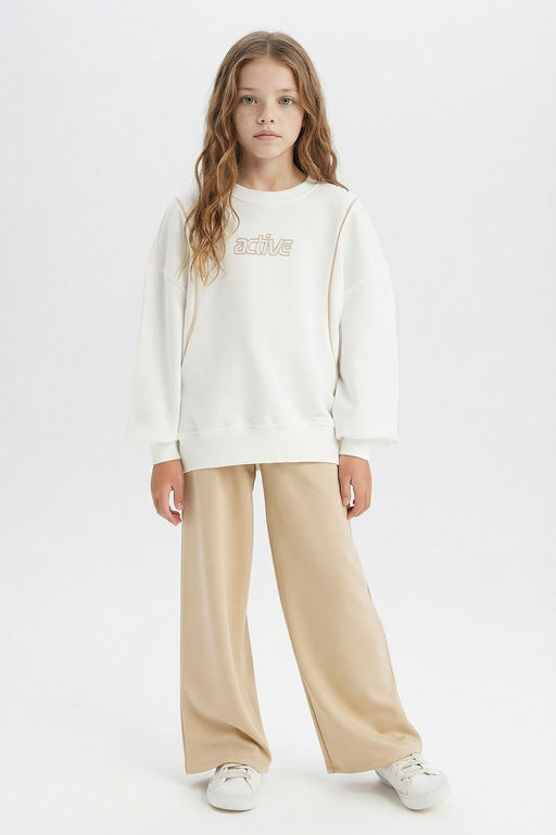 Oversize Geni_ Kal_p Bisiklet Yaka Bask_l_ Sweatshirt K_z _ocuk - Defacto фото 2