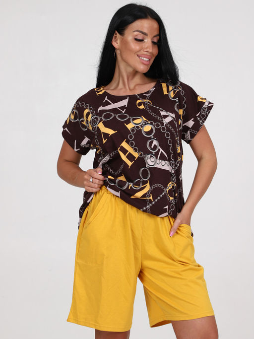 791 ПИЖАМА ЖЕНСКАЯ (шорты) (Коричневый/горчичный) - А-дина фото 2