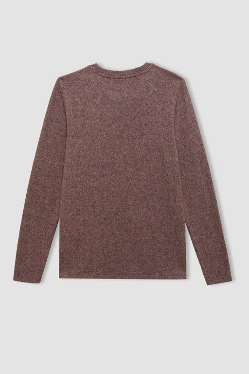 Женская повседневная базовая однотонная футболка с круглым вырезом и длинными рукавами обычного кроя - Defacto фото 3