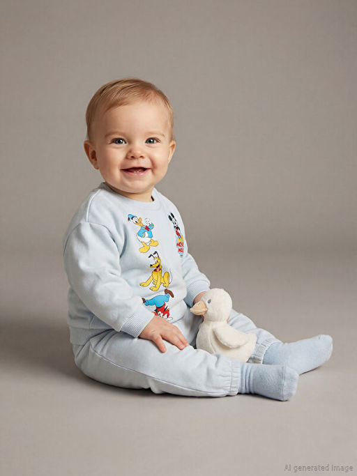 Bisiklet Yaka Uzun Kollu Mickey Mouse Bask?l? Erkek Bebek Sweatshirt ve E?ofman Alt?