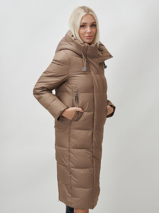 Пальто утепленное стеганное зимнее с капюшоном женское коричневого цвета 9606K