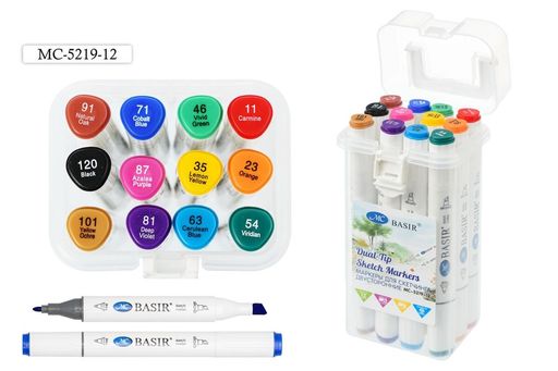 Набор скетчмаркеров двухсторонних 12цв., 1-7мм (MC-5219-12) на спиртовой основе, трехгранн. корпус, в пласт. боксе
