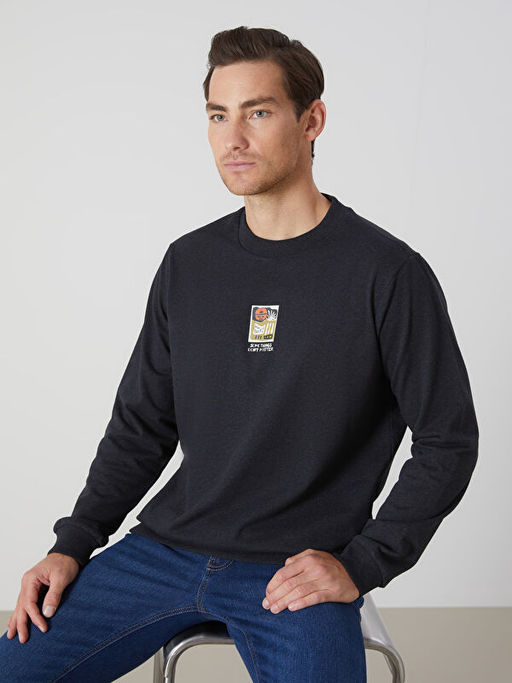Bisiklet Yaka Bask?l? Erkek Kal?n Sweatshirt