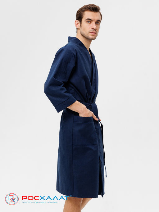 Мужской укороченный вафельный халат с планкой темно-синий В-05 (28) - Росхалат фото 8