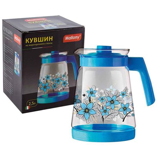 Кувшин из жаропрочного стекла Pentola-2500 с пластик ручкой, 2,5 л, синий дизайн, Mallony арт.910118