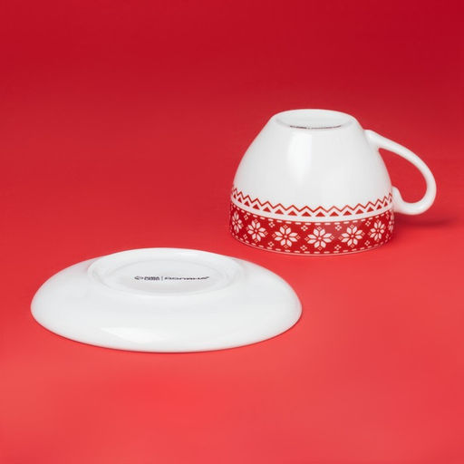 Чайная пара новогодняя Доляна Финский лес, чашка 210 мл, блюдце d=15 см, фарфор, белая