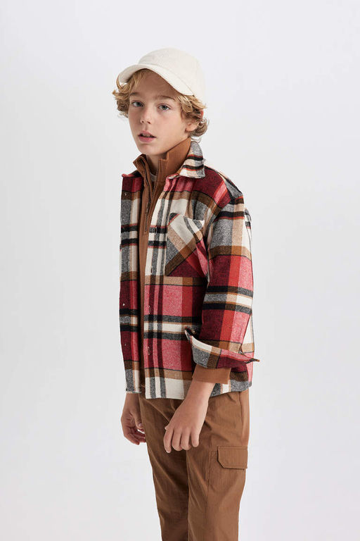 Фланелевая рубашка оверсайз для мальчика в клетку с длинными рукавами - Defacto фото 4