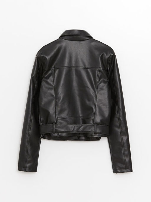 Kad?n Biker Yaka D?z Deri G?r?n?ml? Mont