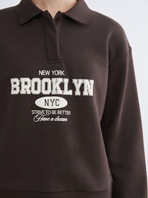 Polo Yaka Brooklyn Bask?l? Kad?n Kal?n Sweatshirt