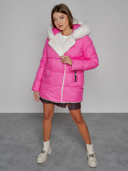 Куртка зимняя женская модная с мехом розового цвета 133120R - Visdeer фото 12