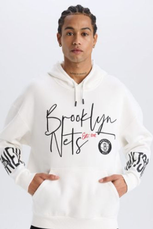 DeFactoFit NBA Brooklyn Nets Oversize Genis Kal?p Kapusonlu Kal?n Sweatshirt