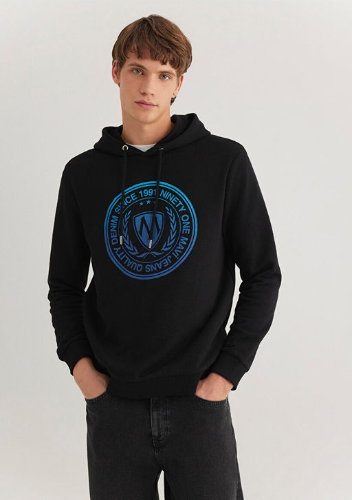 Muhur Logo Bask?l? Kapusonlu Siyah Sweatshirt - Mavi фото 3