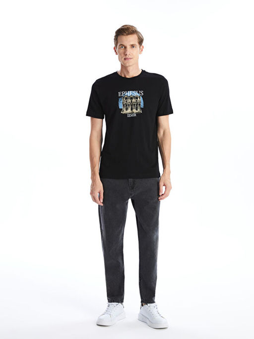 Bisiklet Yaka K?sa Kollu Bask?l? Penye Erkek Ti??rt