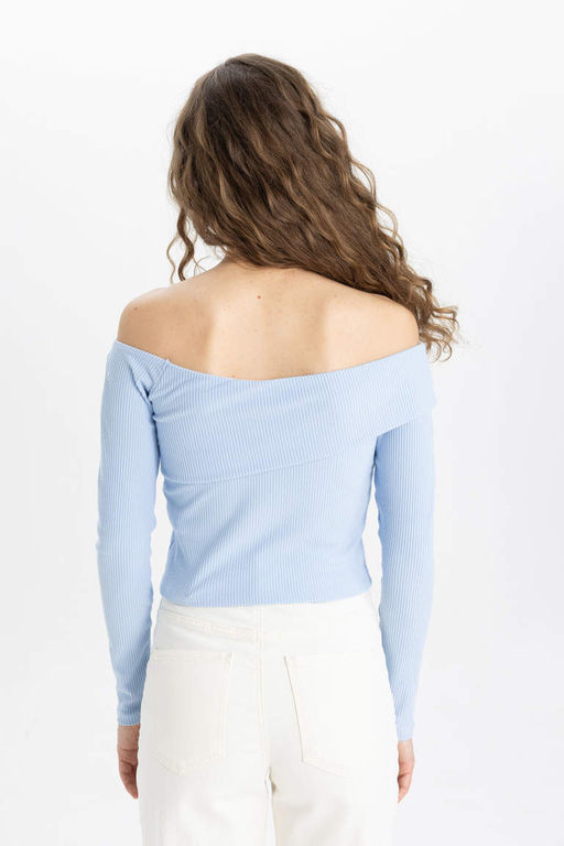 Приталенная футболка с открытыми плечами в рубчик и длинными рукавами - Defacto фото 7