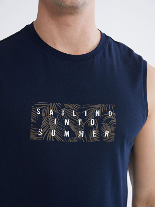 Bisiklet Yaka Bask?l? Penye Erkek Kolsuz Ti??rt