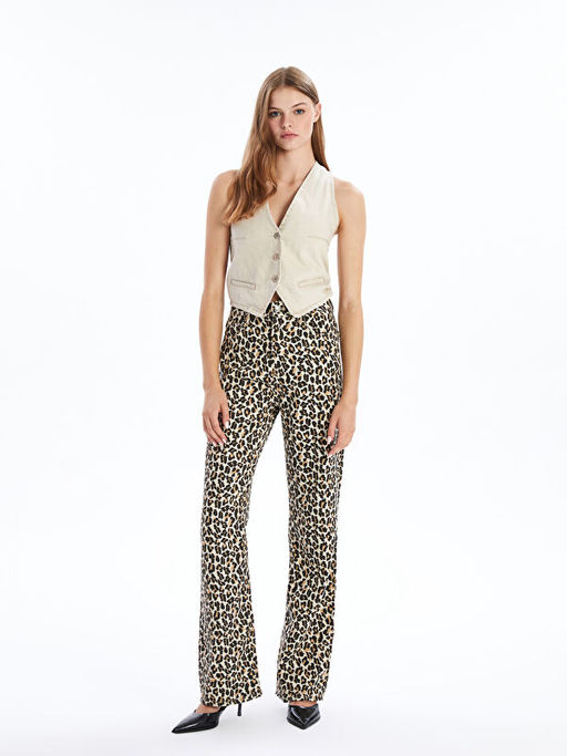 Standart Fit Leopar Desenli Kad?n Pantolon