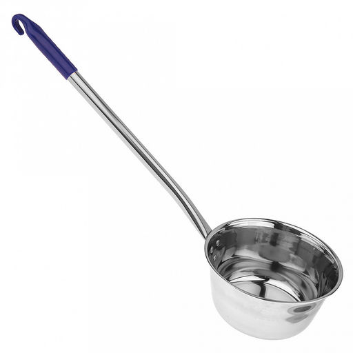 Ковш из нержавеющей стали "Находка" 1,6л, д18см h9см, s0,3мм, без теплораспределительного дна, длинная ручка 42см, пластмассовый наконечник с крючком (Китай)