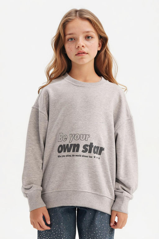 Relax Fit Bisiklet Yaka Bask_l_ Sweatshirt K_z _ocuk - Defacto фото 4