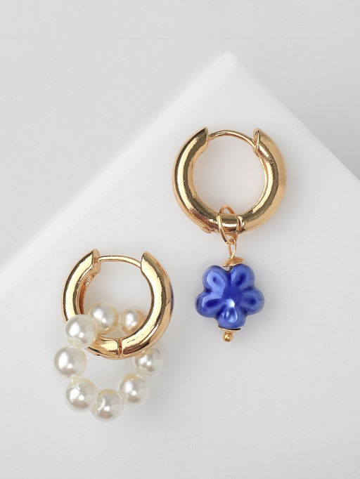 Серьги со съёмным элементом Трансформер цветок, цвет бело-синий в золоте