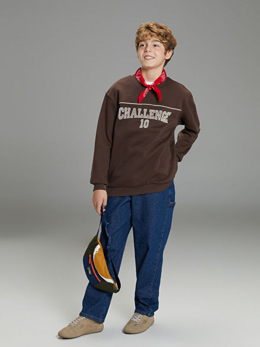 Bask?l? Erkek ?ocuk Kal?n Sweatshirt