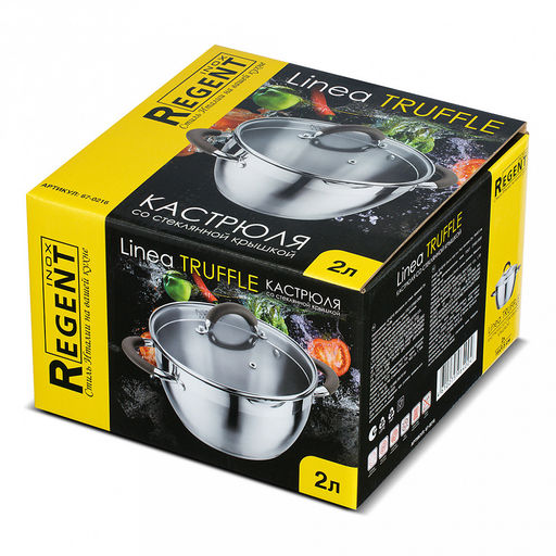 Кастрюля из нержавеющей стали "Truffle" 1,6л, д16см, h9,5см, s3мм, дно s0,5мм, индукционное дно д11,5см, стеклянная крышка с силиконовой вставкой, ручка из нержавеющей стали с силиконовой вставкой, многослойное капсулированное дно, мерная шкала, цвет