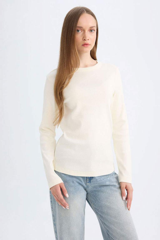 Туника-футболка с длинными рукавами и длинными рукавами в рубчик обычного кроя - Defacto фото 4