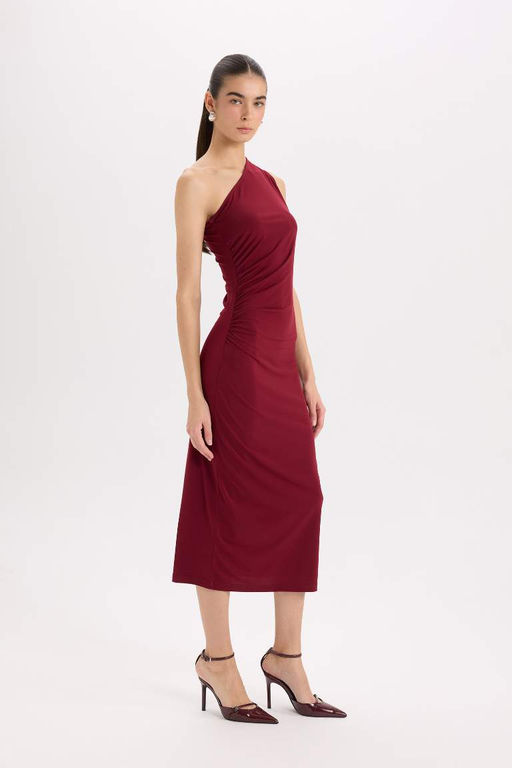 Bodycon Облегающее базовое прямое бордовое красное платье миди на одно плечо
