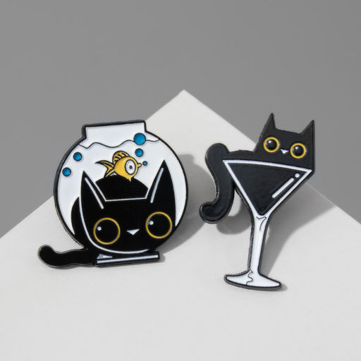 Набор значков (2 шт.) «Котики», таинственные, чёрно-белый в чёрном металле