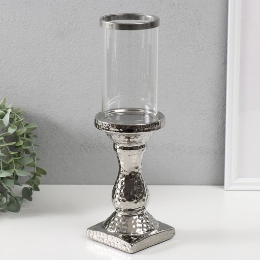 Подсвечник на 1 свечу «Монти», керамика, стекло, d=7.5 см, серебро, 9×9×31.5 см