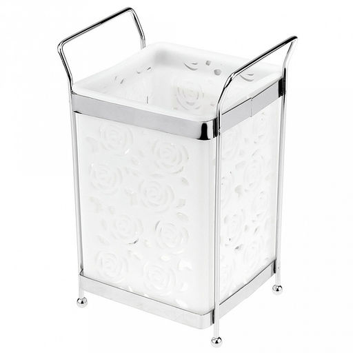 Подставка хромированная для столовых приборов "Розы" 12х10х18см, на ножках, пластмассовая вставка 10х10см h13,5см, цвета в ассортименте: белый, розовый, зеленый (Китай)