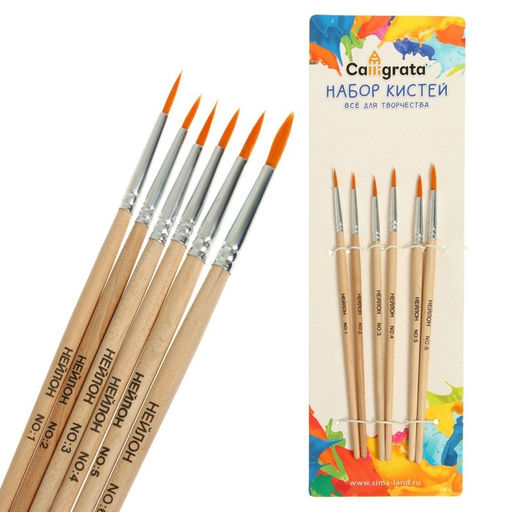 Набор кистей для рисования, нейлон, 6 штук: №1, 2, 3, 4, 5, 6, круглые, деревянная ручка, международный размер
