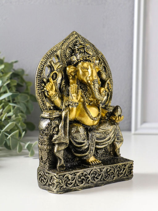 Сувенир полистоун "Ганеша на резном троне" золотая бронза 4х11,7х17,3 см
