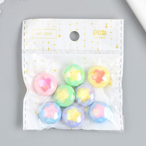 Цена за 8 шт. Бусина пластик Плоский шарик. Цветочек, глянец перламутр, 1.7?1.7 см, МИКС