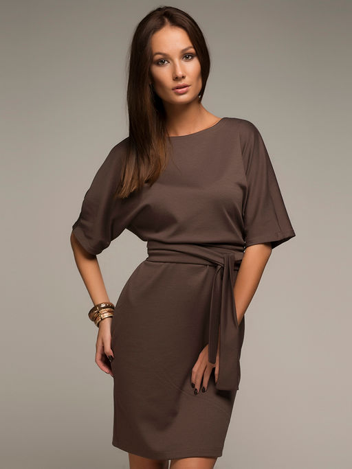 Платье цвета мокко длины мини с поясом и рукавом летучая мышь - 1001dress фото 3