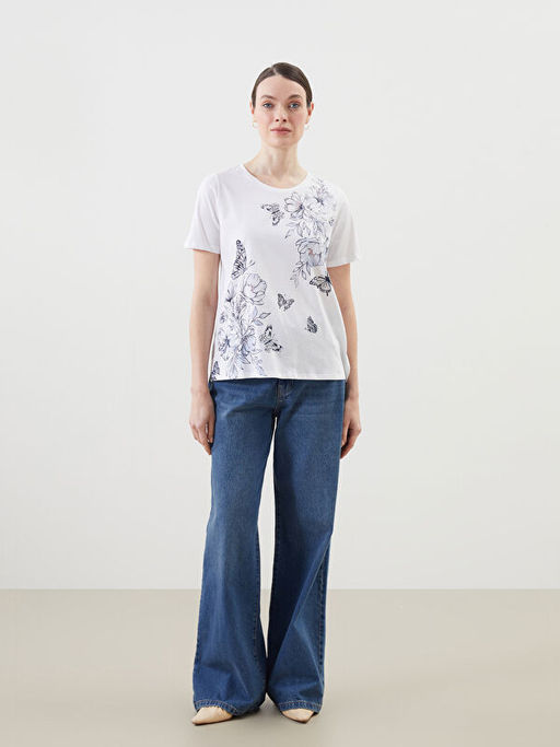 Bisiklet Yaka ?i?ekli Kad?n Ti??rt