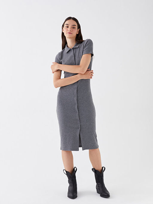 G?mlek Yaka D?z K?sa Kollu Kad?n Bodycon Elbise