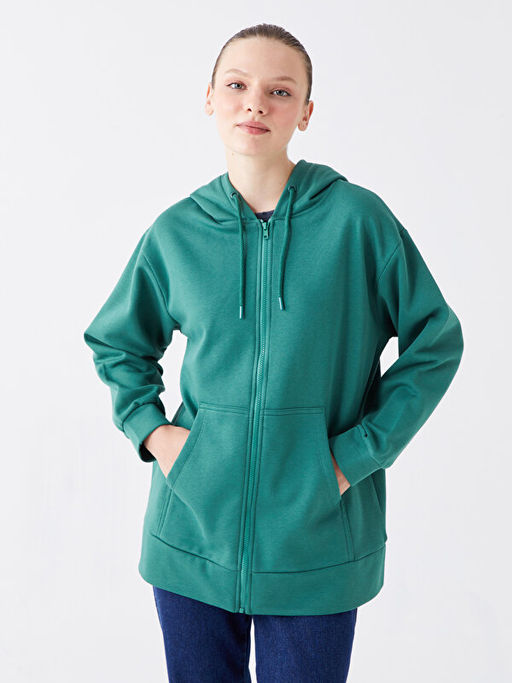 Kap??onlu D?z Oversize Kad?n Kal?n Fermuarl? Sweatshirt