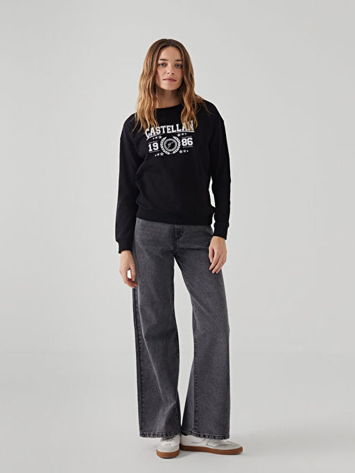 Bisiklet Yaka Bask?l? Kad?n Sweatshirt